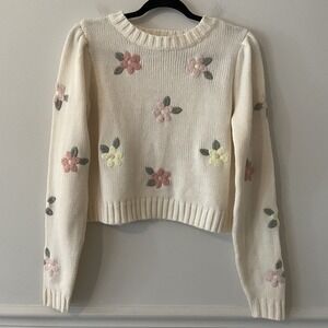 Jessica Simpson Embroidered Flower Knit Sweater Size L Cottage Coquette Grandma